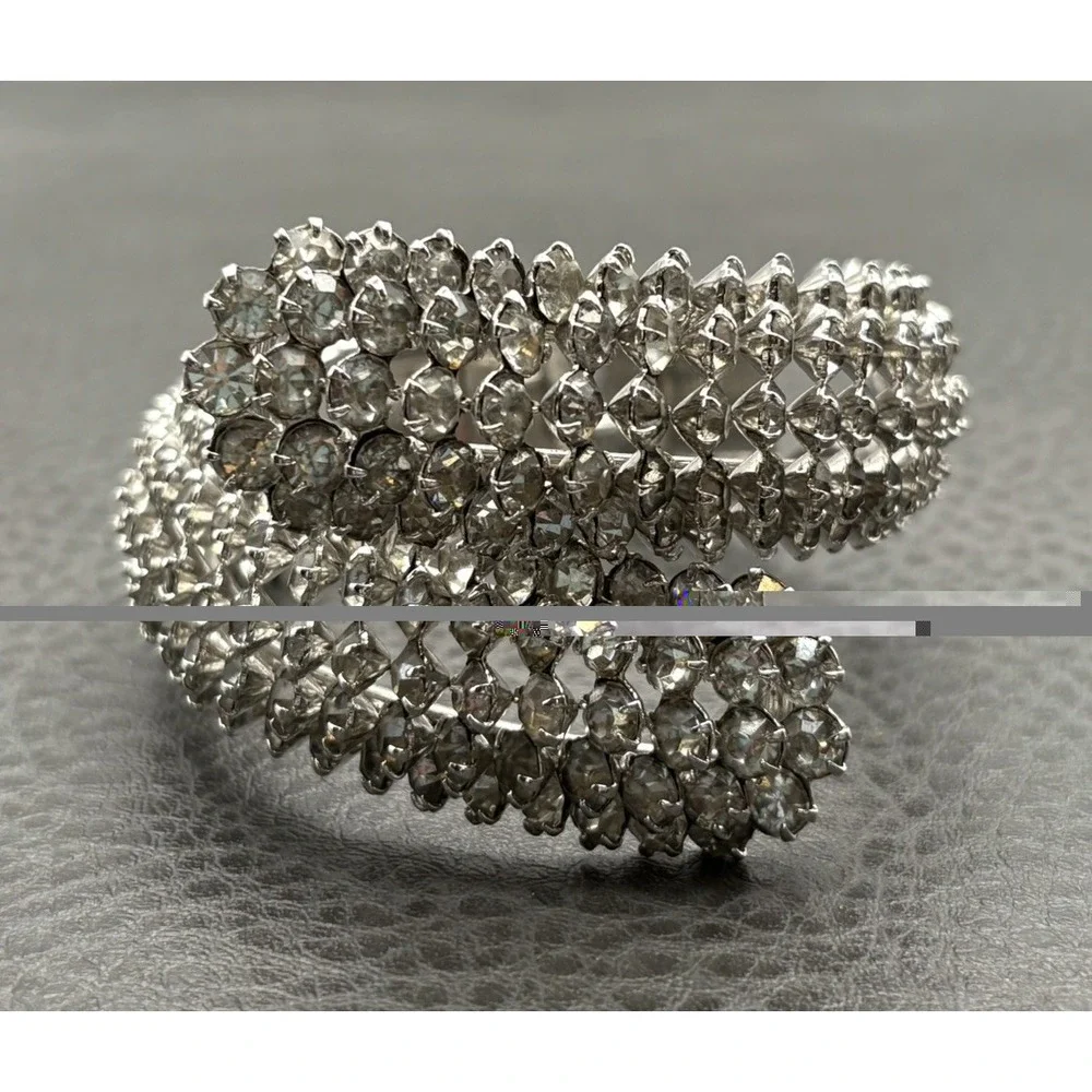Clear Rhinestone Encrusted Bangle Bracelet Prong Set Clamper Style 6